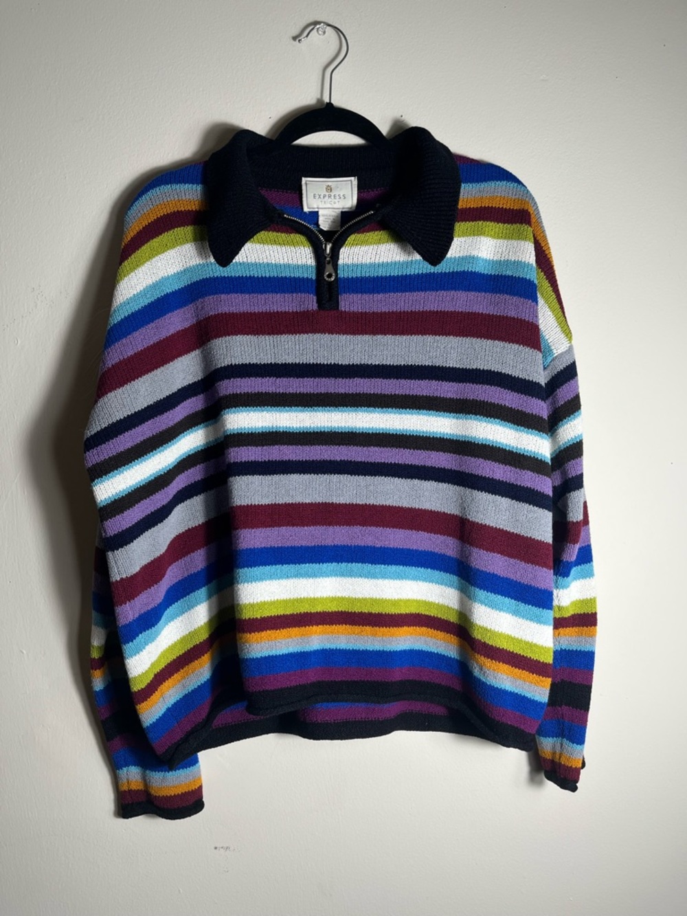 Vintage Express Tricot Striped Sweater L 1/4 Zip Colorful Y2K Retro Knit